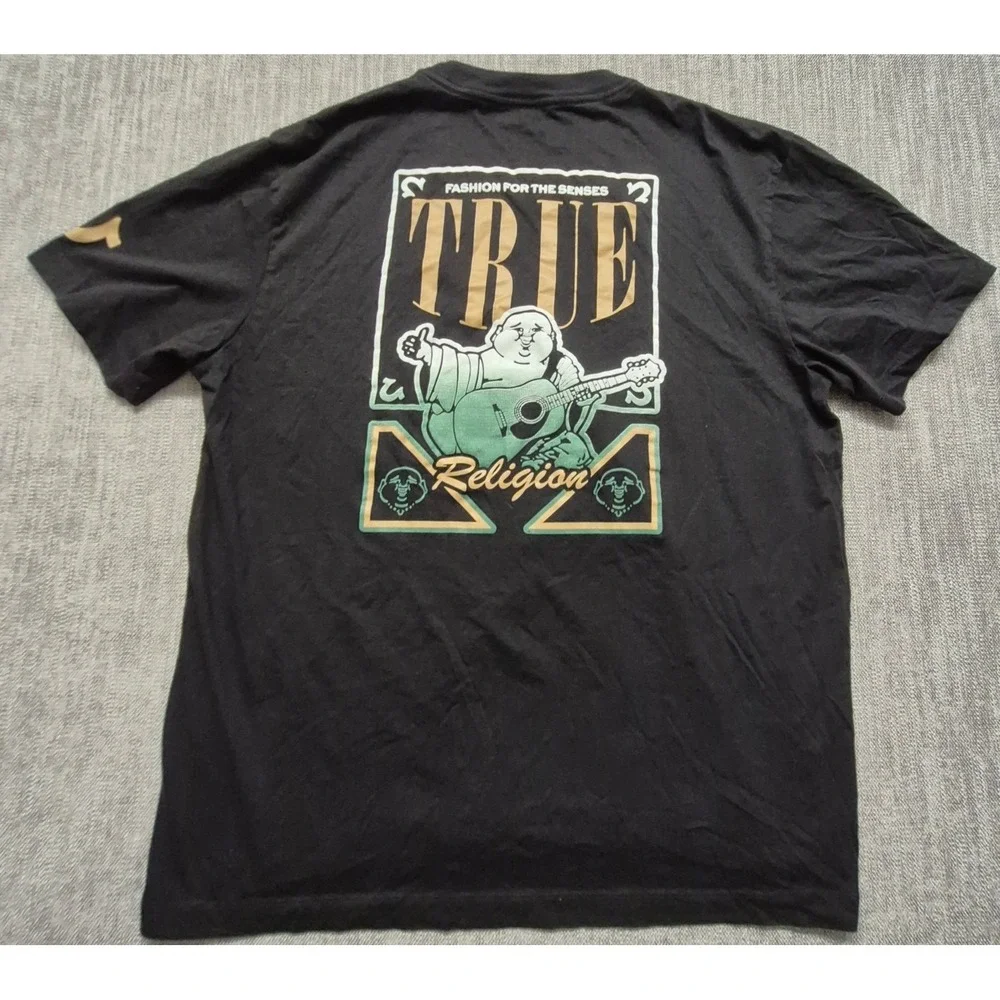 NWOT True Religion Black Big Buddha Guitar Graphic T-Shirt 2X Cotton 2-sided